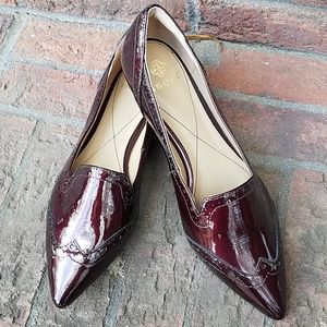 Burgundy patent leather wingtip flats